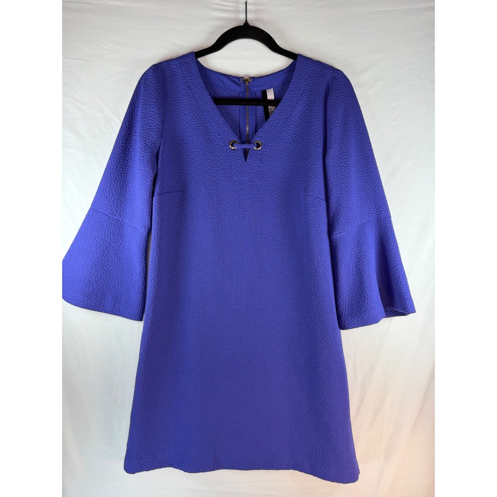Kensie Purple Textured Bell Sleeve V-Neck Shift Dress Gold Hardware Size S